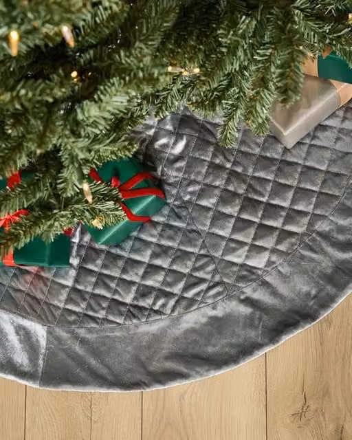 Dibor Grey Velvet Quilted Christmas Tree Skirt, 48"