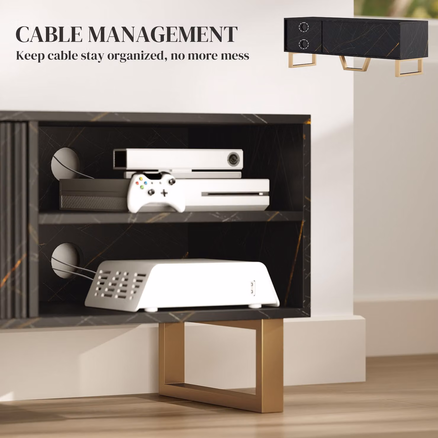 HOMCOM Modern Marble Effect TV Unit in Black and Gold with Fluted Doors and Storage Shelves, W: 140.0 cm, H: 47.0 cm, D: 20.7 cm – 6