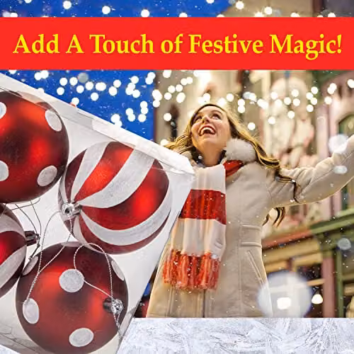 VFM Red and White Candy Cane Striped Baubles (4 Pack) - Christmas Tree Decorations, Diameter: 9 cm – 6