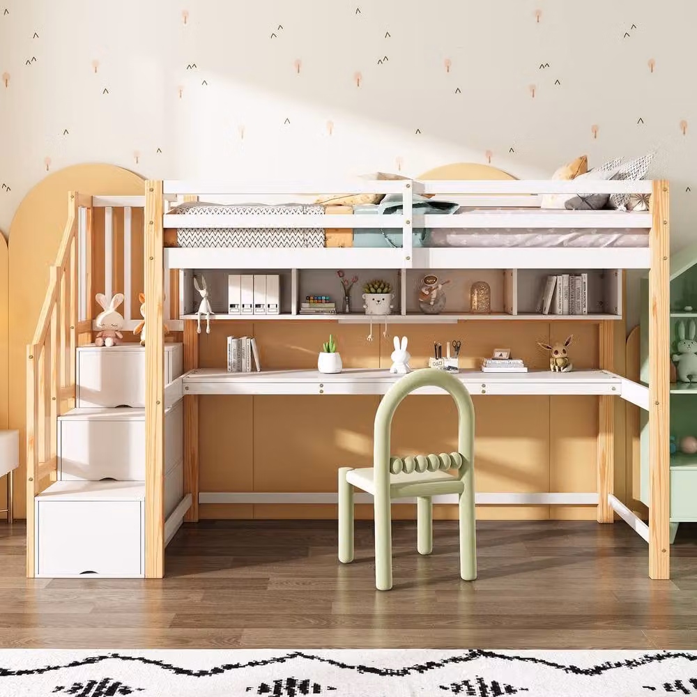 Rolipo White Solid Pine Wood House Loft Bed for Children with Storage Stairs and Side Compartments, W: 90 cm, L: 190 cm – 2