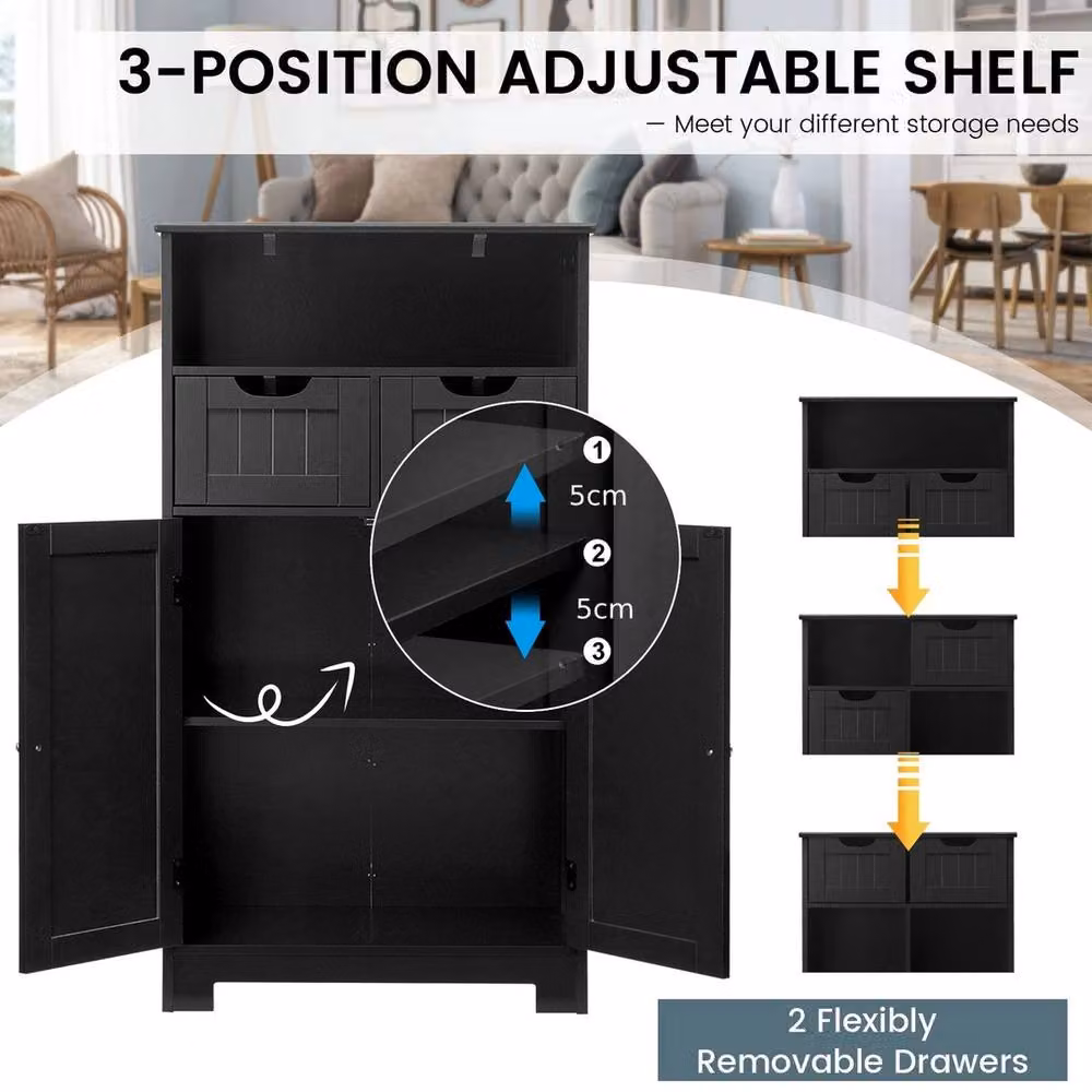 VOGREX Black Modern Freestanding Bathroom Cabinet with 2 Hinged Doors, 2 Internal Drawers and Open Shelf – 6