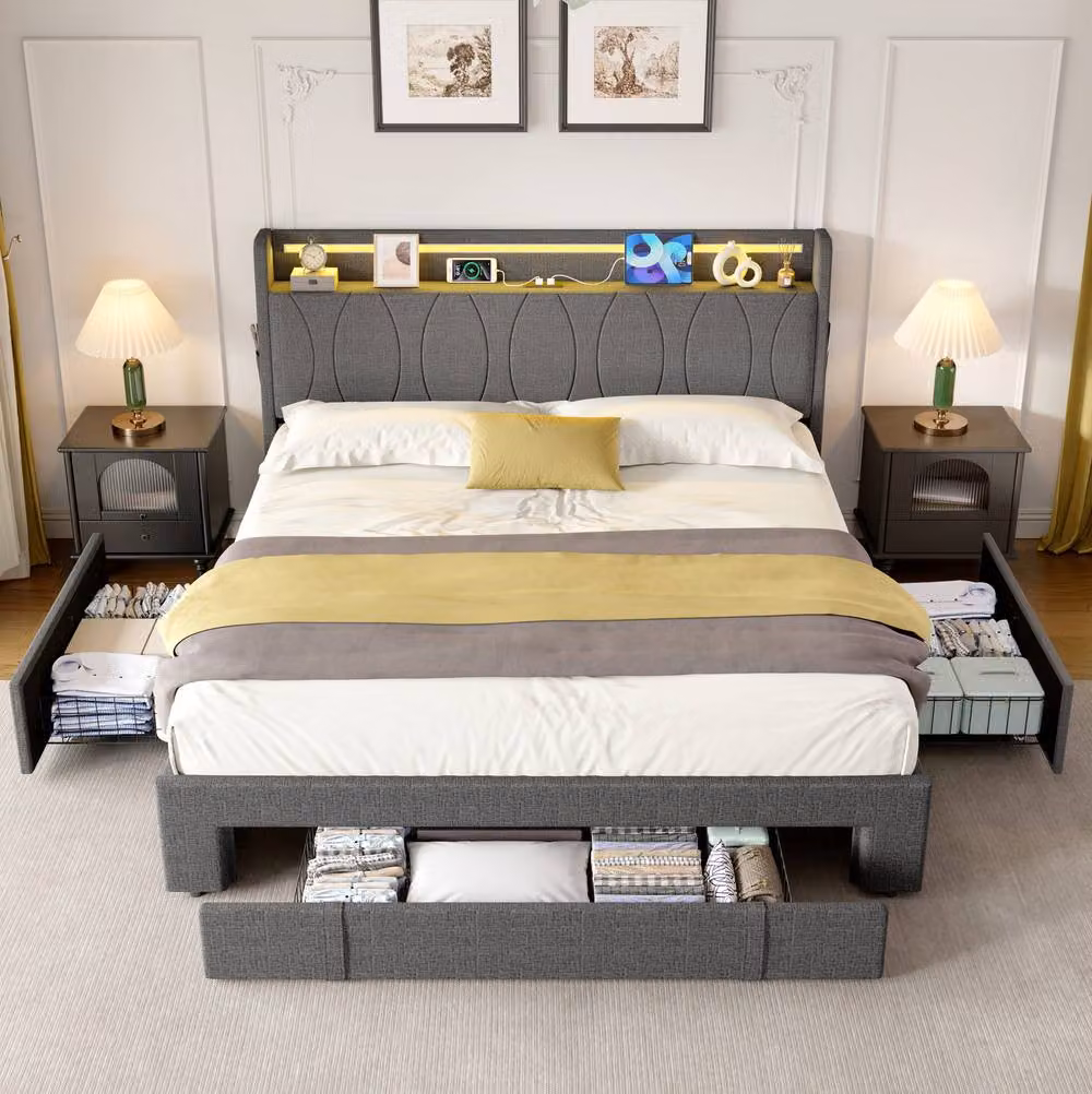 STILVORA Double Upholstered Bed with Storage Drawers, LED Lighting and USB Charging Port in Grey, W/D/H: 142 x 200 x 106 cm – 2