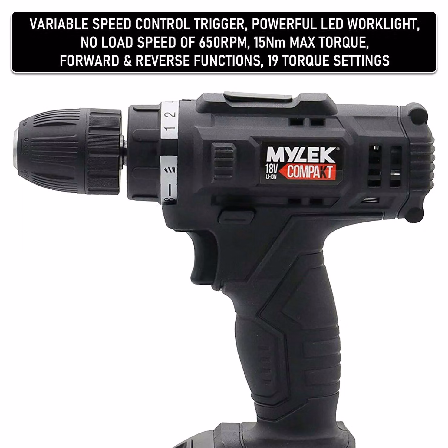 MYLEK MYW09 Cordless Drill in Black with 128-Piece Accessory Kit – 4