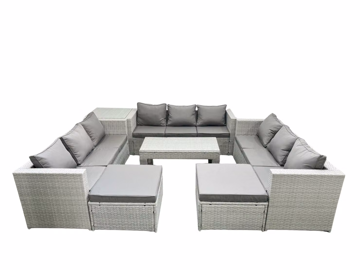 Fimous 11 Seater Rattan Garden Furniture Set with Oblong Coffee Table, Side Table and 2 Ottomans in Light Grey – 2