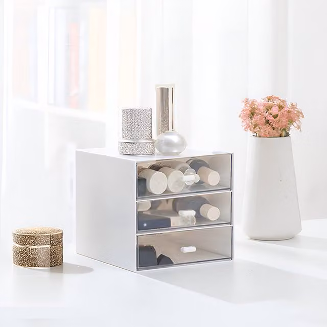 Livingandhome White and Transparent Multi-Compartment 3-Drawer Acrylic Desk Organiser