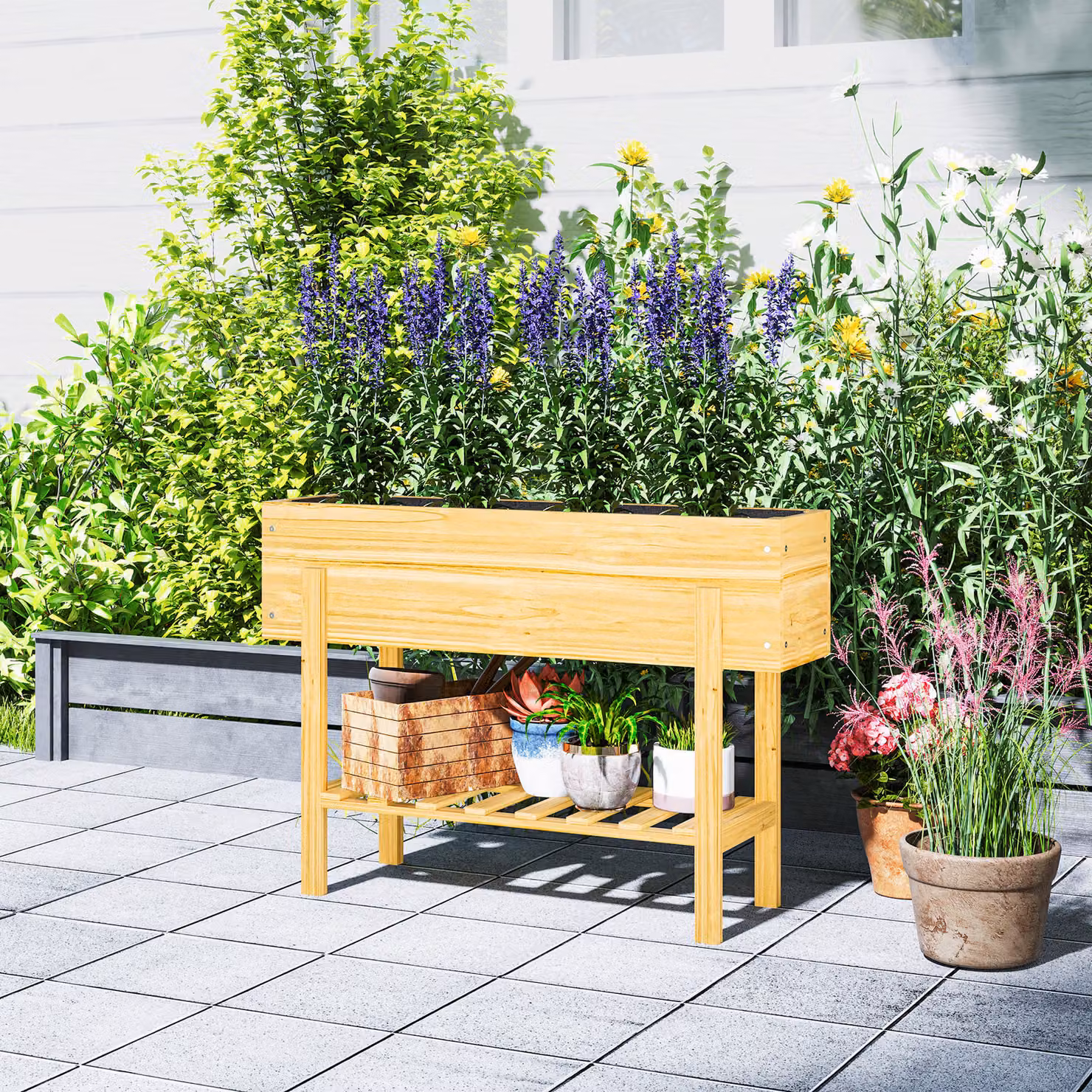 Outsunny Brown Elevated Wooden Raised Garden Bed with Shelf and Liner, W: 100 cm, H: 71 cm, D: 30 cm – 8