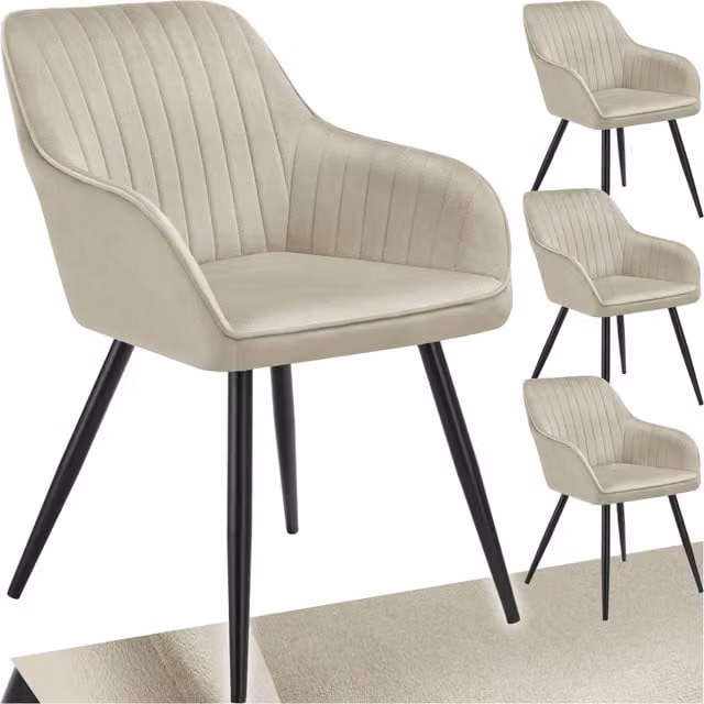Tectake Modern Upholstered Dining Chair in Beige Velvet with Metal Frame