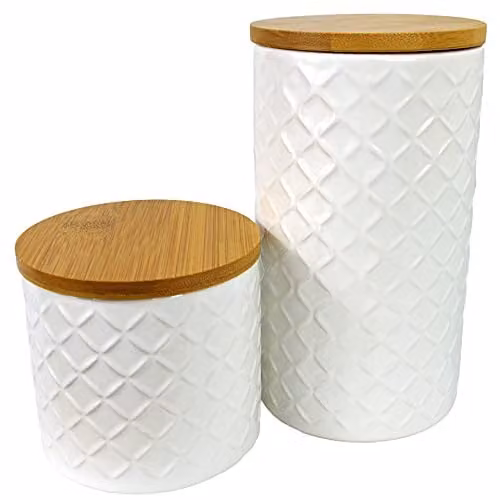 Leaf UK Set of Two Floral Ceramic Kitchen Storage Jars with Airtight Bamboo Lids in Beige and White, Height: 18 cm