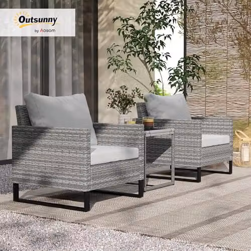 Outsunny 3 Piece Grey Rattan Bistro Set for 2 with 4 Cushions and Glass Top – 2