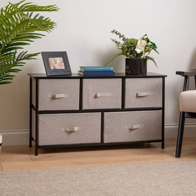 Scottish Everlastings Ltd Modern 5 Drawer Black Cabinet with Beige Fabric Drawers W/D/H: 60 x 30 x 45 cm