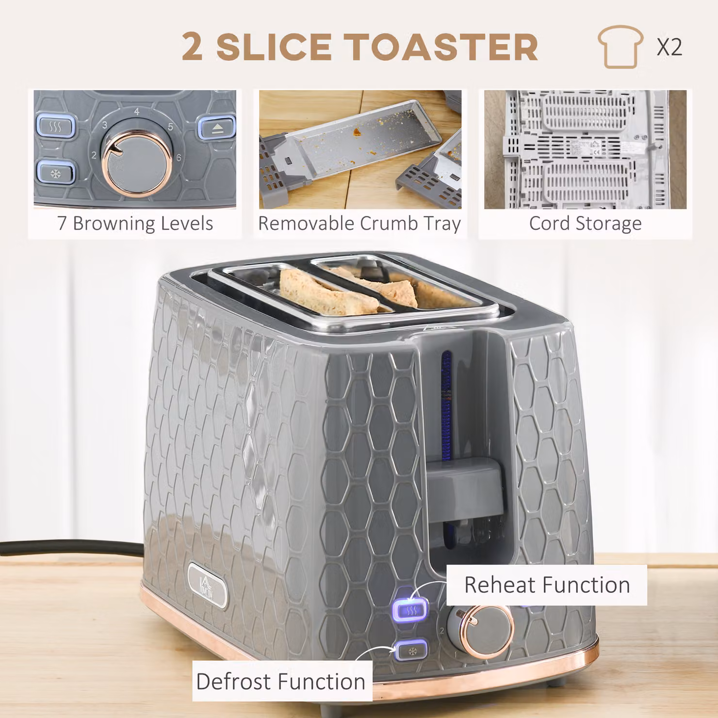 HOMCOM Grey Kettle and 2 Slice Toaster Set with 1.7L Capacity and Auto Shut Off – 3