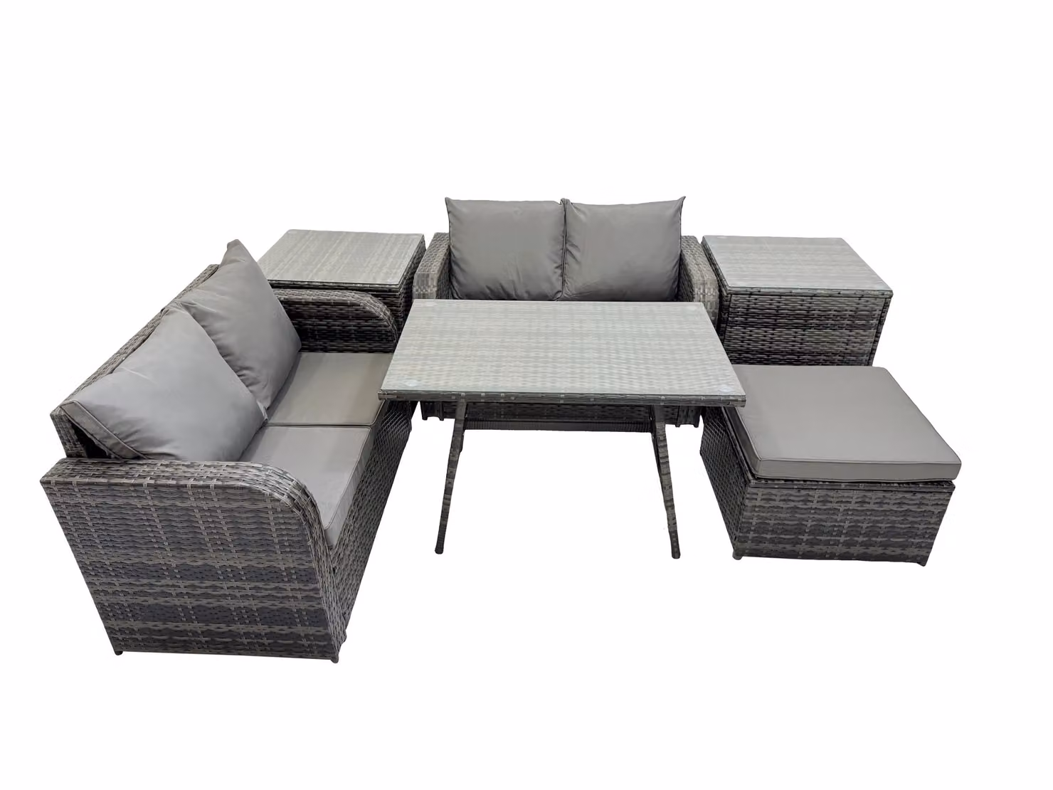 Fimous 5 Seater Rattan Dining Set with Oblong Glass Top Table and 2 Side Tables in Dark Grey – 2