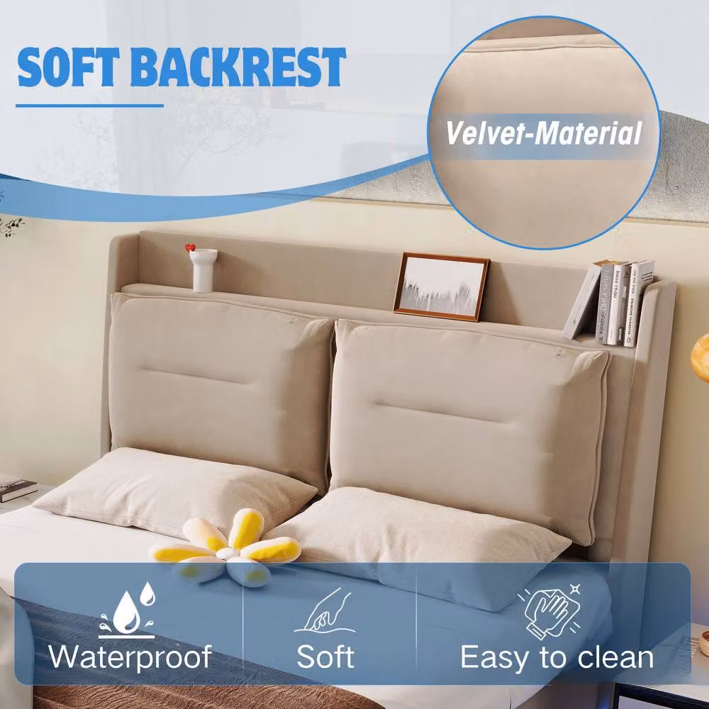 BTM Beige Velvet Double Hydraulic Bed with Under-Bed LED Lighting and Storage W/D/H: 140 x 190 cm – 6