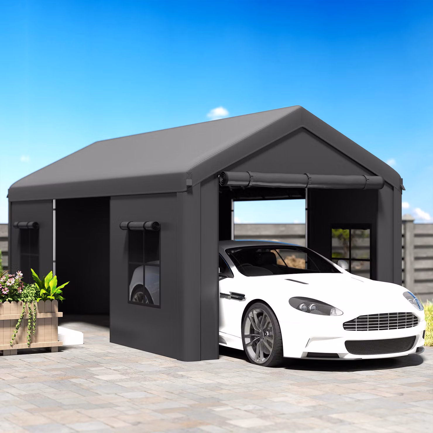 Outsunny Heavy Duty Carport Garage Canopy Tent with Galvanised Steel Frame, Doors and Windows, Dark Grey, W: 6 m, D: 3 m, H: 2.82 m – 8