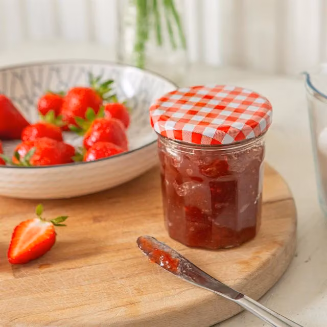 Argon Tableware Red and White Gingham Glass Jam Jars with Metal Screw Lids, 250ml, Pack of 6