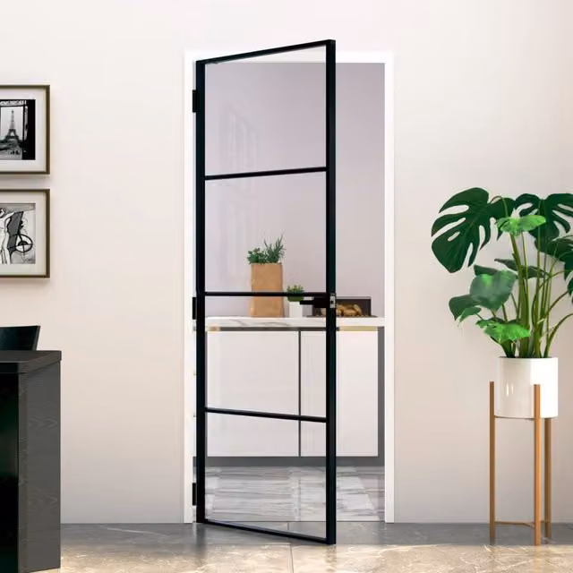 Berkfield Modern Interior Door in Black with Tempered Glass and Aluminium, W: 83 cm, H: 201.5 cm