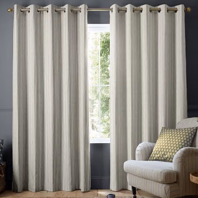 Emily Bond Oscar Stripe Made to Measure Blackout Cotton Fabric Panel Curtains in Pebble (Beige and Grey)