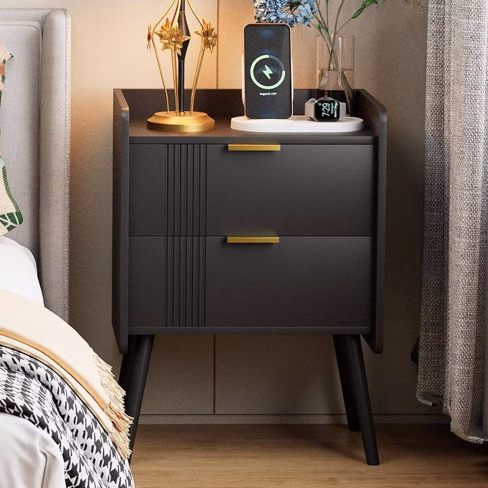 Huhote Wooden Bedside Nightstand with 2 Storage Drawers in Black – 2
