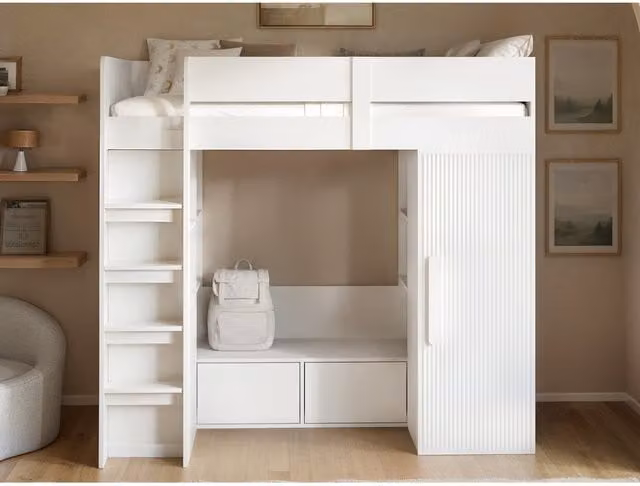 Flair Aspen Ribbed High Sleeper with Storage, Wardrobe and Stairs in White