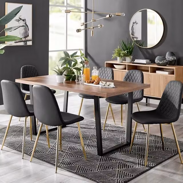 FurnitureboxUK Kylo Brown Wood Effect Rectangular Dining Table and 6 Beige Faux Leather Corona Gold Leg Chairs – 1