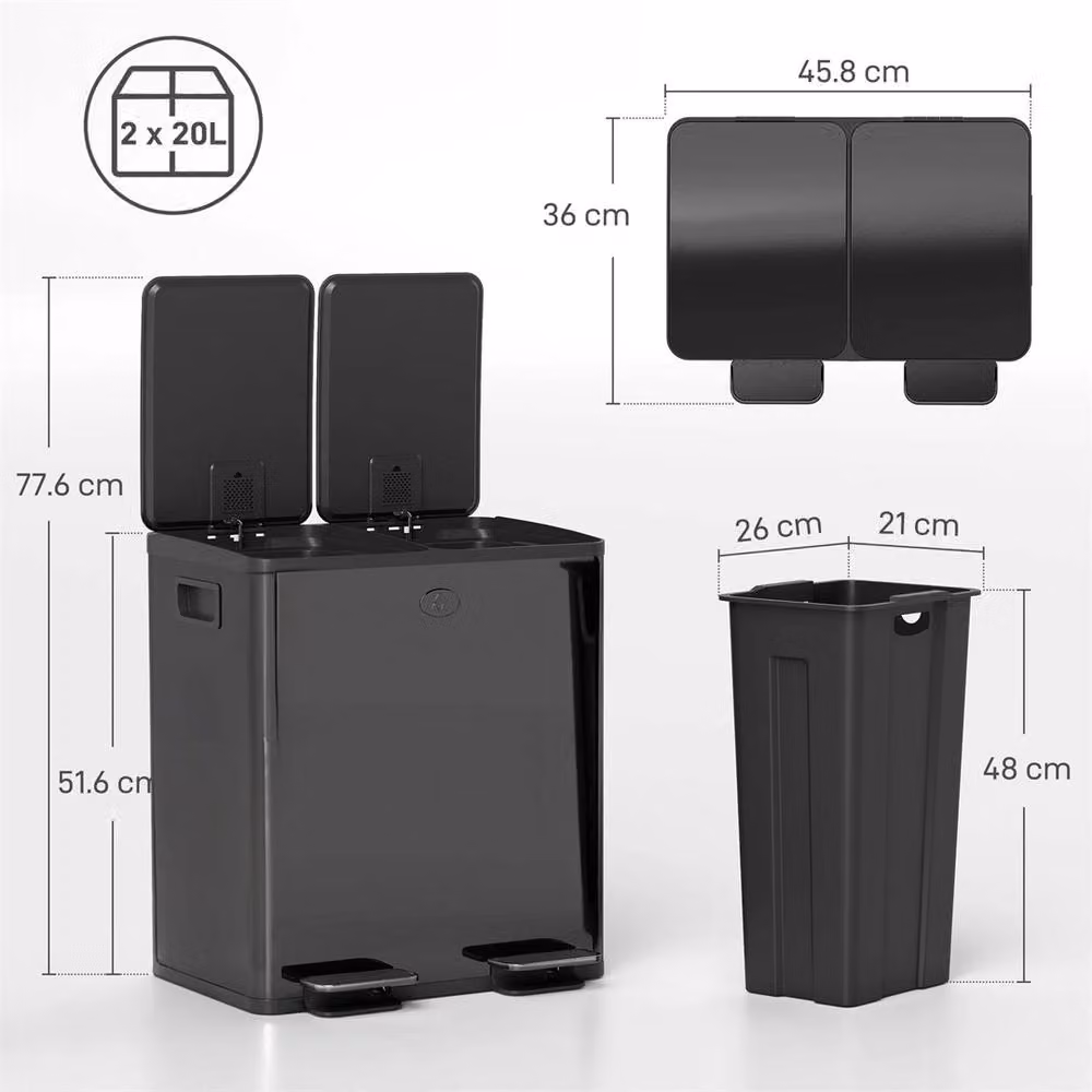 Nordara Dual Pedal Kitchen Bin for Recycling and Waste, Black, 2 x 20L – 2