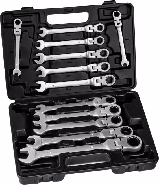 TECTAKE 12-Piece Combination Spanner Set with Flexible Ratchet Joint Heads in Black and Silver, Chrome Vanadium