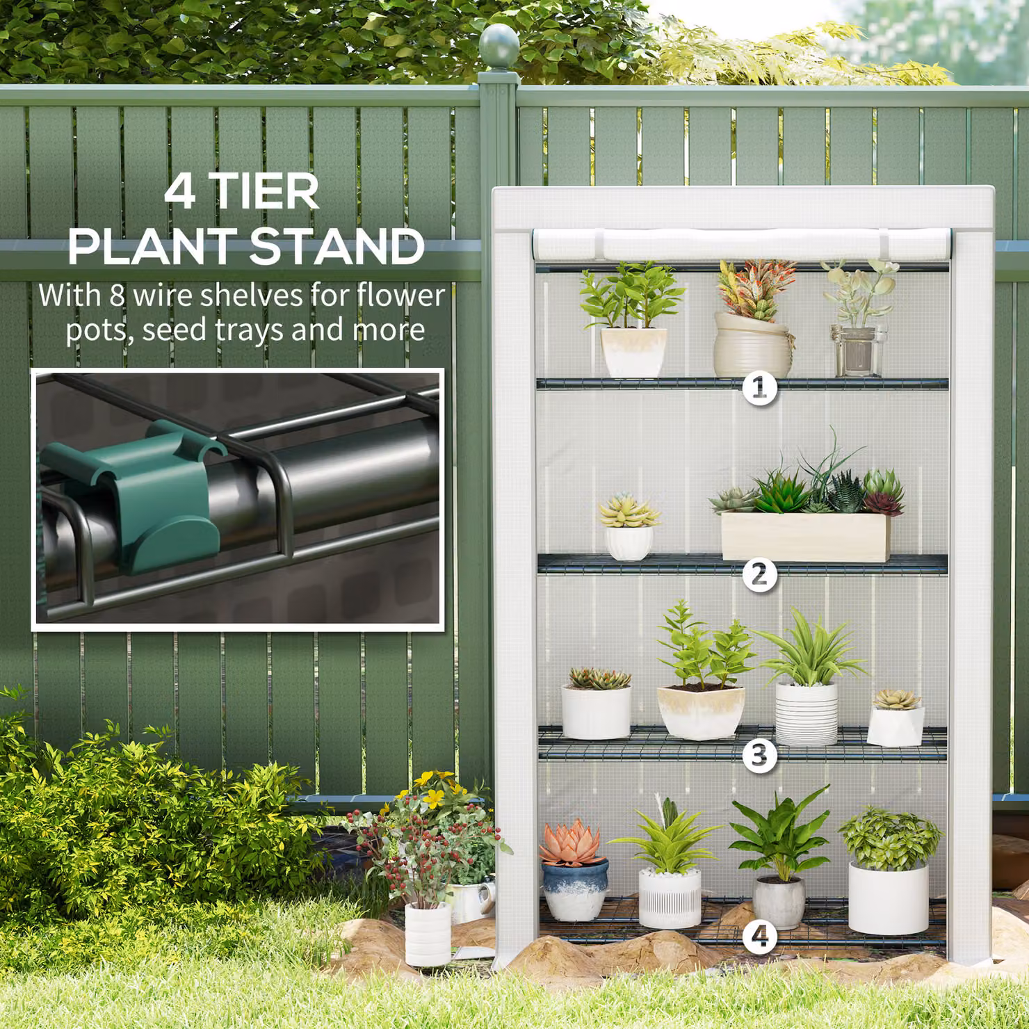 Outsunny 4 Tier Lean-to Mini Greenhouse with Reinforced PE Cover and Roll-Up Door, Grey, W/D/H: 110 x 50 x 171 cm – 4