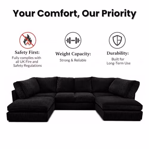 Bliss Furniture Jumbo Cord U-Shape Modular Sofa in Grey and Black with Removable Covers and Solid Birch Wood Frame – 4