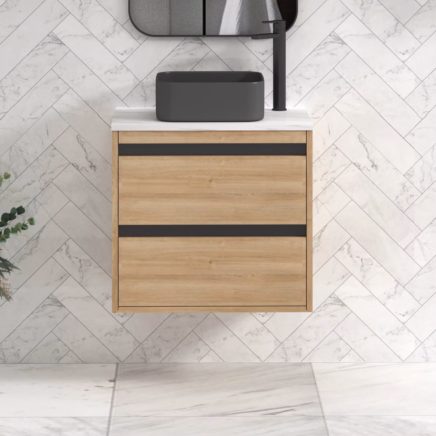 Royal Bathrooms Orion 800mm Natural Oak Wall Hung Vanity Unit with 2 Drawers and Art Square Basin with Black Accent Trim