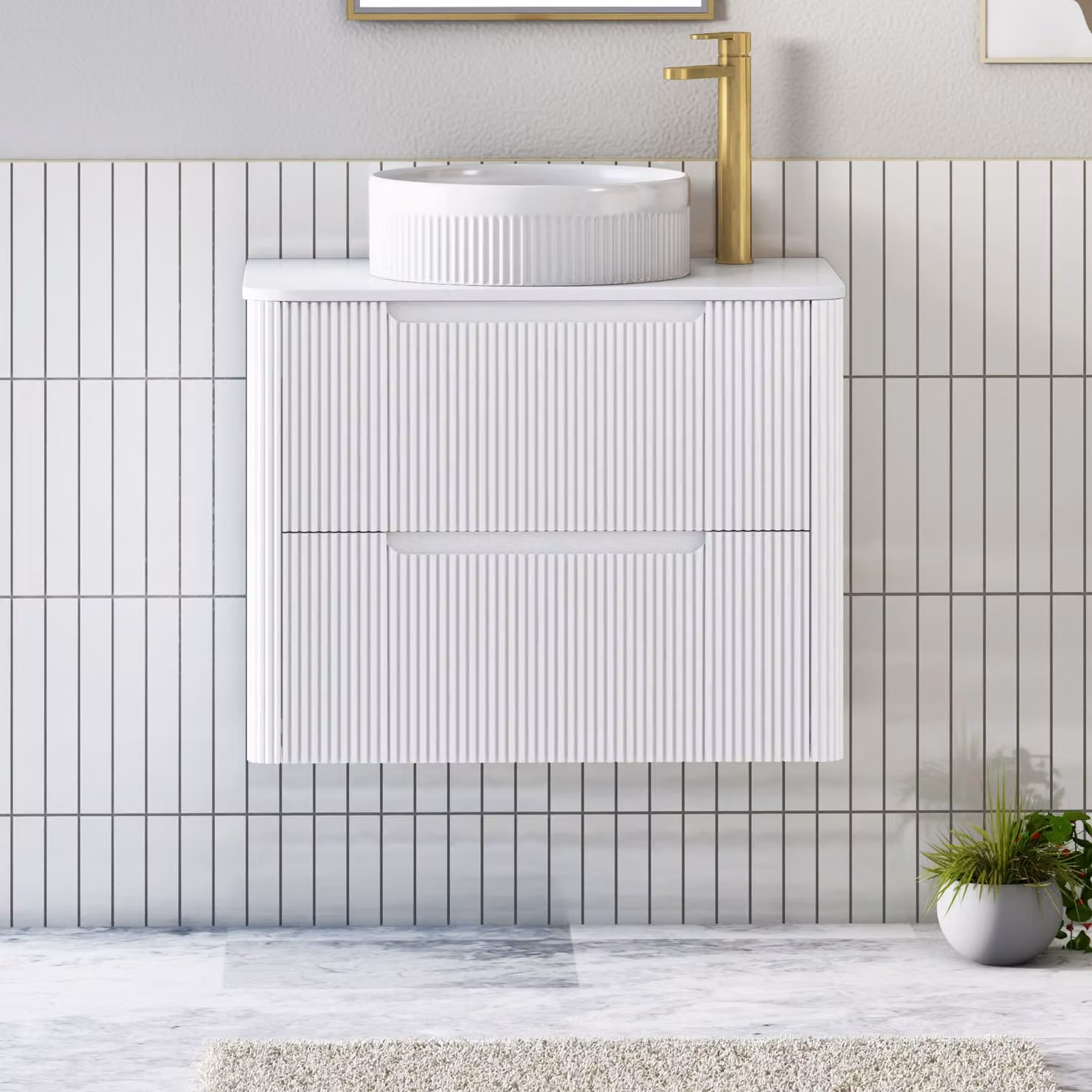 Royal Bathrooms Avenza Matt White Wall Hung Vanity Unit with 2 Drawers and Round Basin, Width: 60 cm