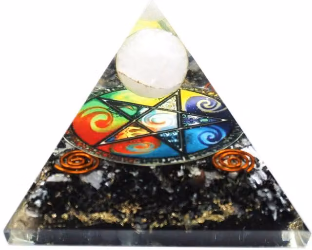 KDMD Midnight Pentagon Orgonite Pyramid Pendant in Black and Multicolour, 70mm