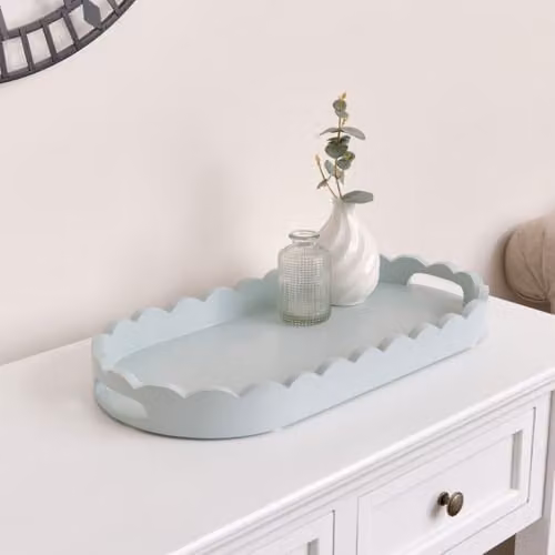 Melody Maison Blue Oval Scalloped Wood Tray with Handles - Length: 50 cm