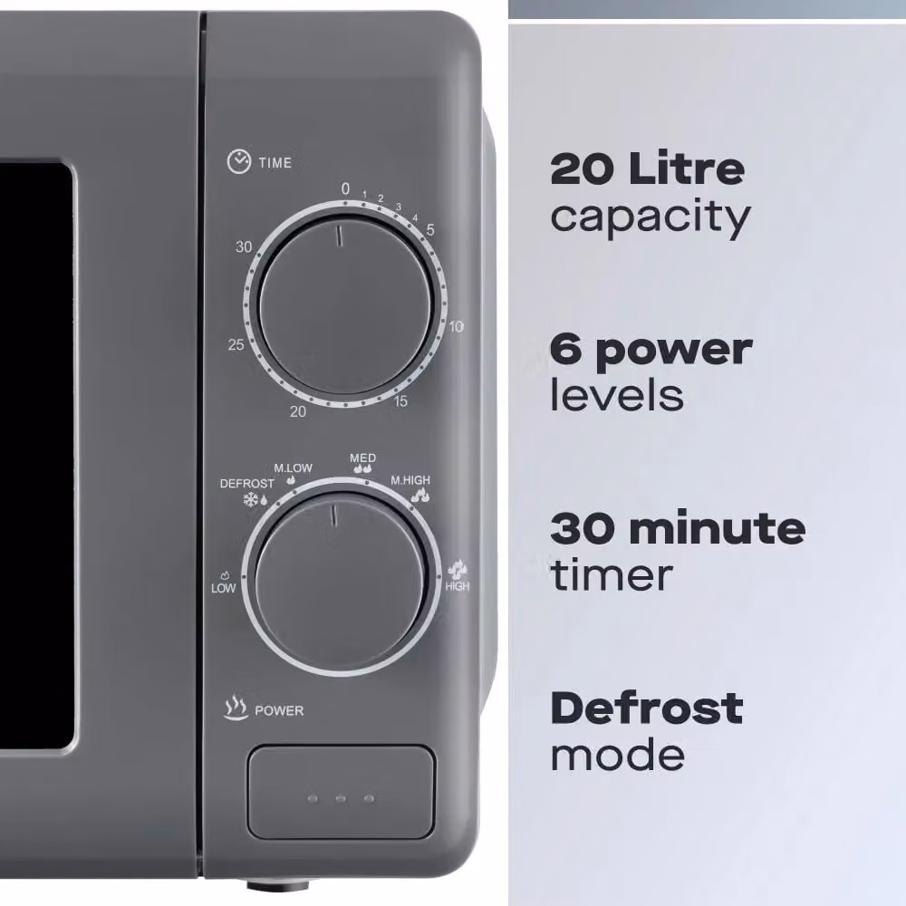 Daewoo Grey Solo Microwave with 20L Capacity, 800W Power and Timer – 3