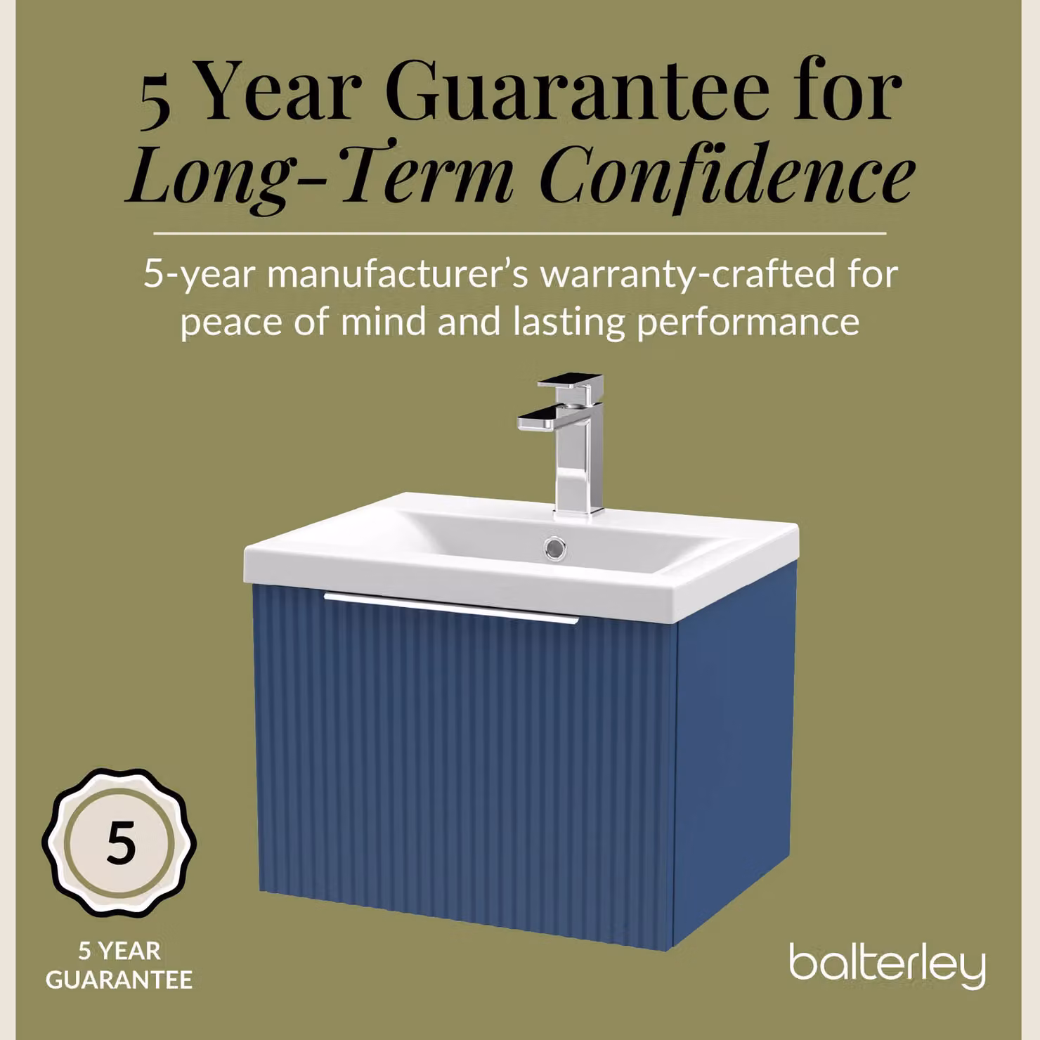 Balterley Fluted Wall Hung 1 Drawer Vanity Basin Unit and Basin, Satin Blue, Width: 50 cm – 4