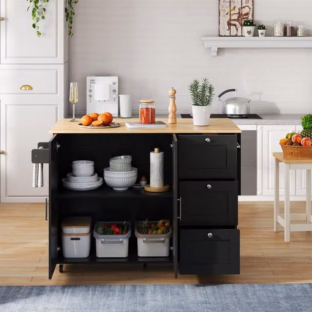 Aosom UK Black Rolling Kitchen Island Trolley with 3 Drawers, 2-Door Cabinet and Foldable Worktop, W: 70 cm, D: 70 cm, H: 90 cm