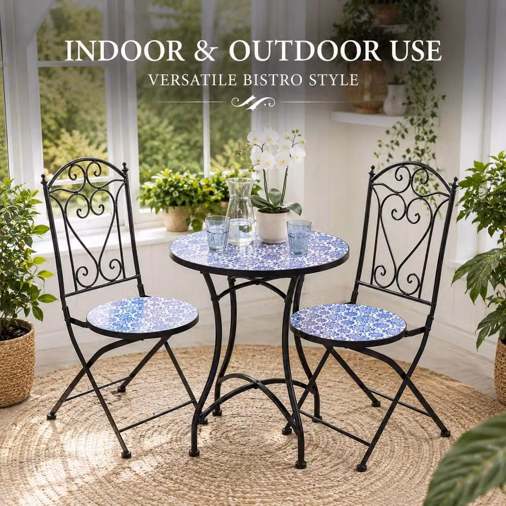 Shatchi Three Piece Mediterranean Mosaic Bistro Set with Blue Ceramic Round Table and Chairs – 7