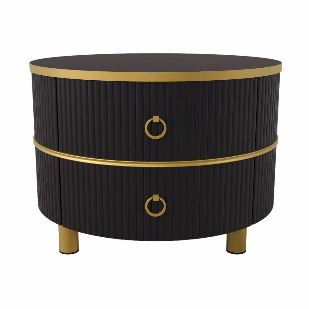 BTM 2-in-1 Round Coffee Table Set with Glossy Marble Top and 2 Drawers in Black – 5