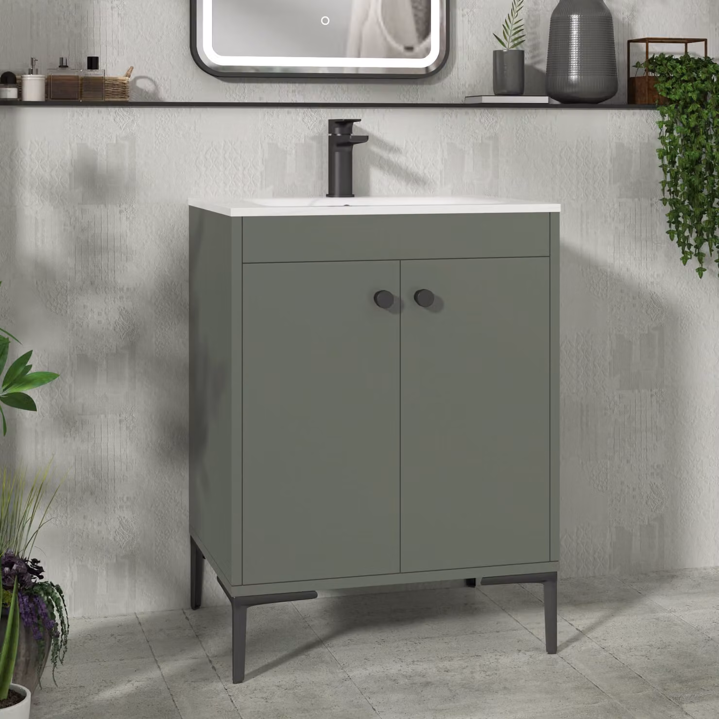 Royal Bathrooms Verona 600mm Matt Green Floor Standing 2 Door Vanity Unit with Carrara White Basin and Matt Black Knob