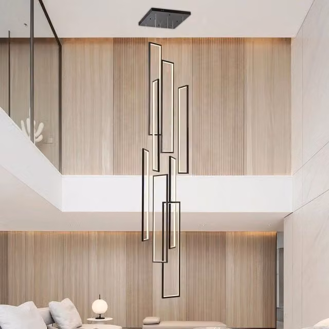 Garwarm 8-Light Rectangle LED Dimmable Pendant Chandelier in Black with Remote Control and Height Adjustment