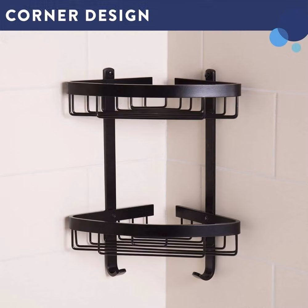 KORVIXA Croydex Black 2 Tier Corner Shower Caddy, Wall Mounted Metal Basket, W: 70 cm, H: 65 cm – 4