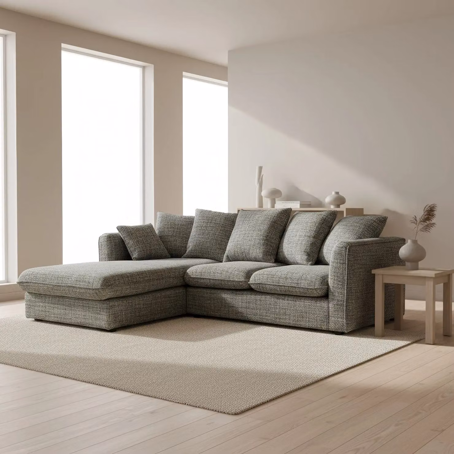 Abakus Direct Lucas L-Shape Corner Sofa in Grey Fabric with Left Hand Facing Chaise Lounge and Scatter Cushions – 2