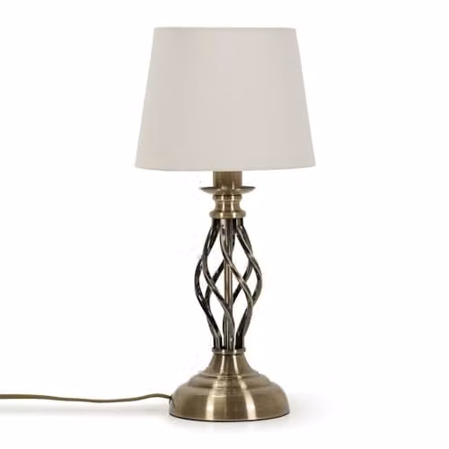 ValueLights Antique Brass Table Lamp with White Fabric Lampshade and LED Bulb – 1