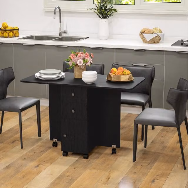 HOMCOM Black Folding Dining Table with Butterfly Drop Leaf, Drawers, Open Shelf and Castors