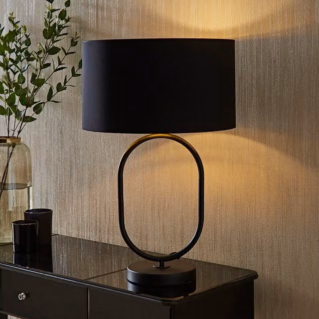 Antonia Art Deco Oval Table Lamp with Black Fabric and Gold Metallic Shade