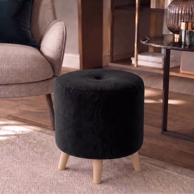 Nexus Mattresses Ltd Round Button Footstool in Jet Black Plush Velvet with Natural Angled Feet