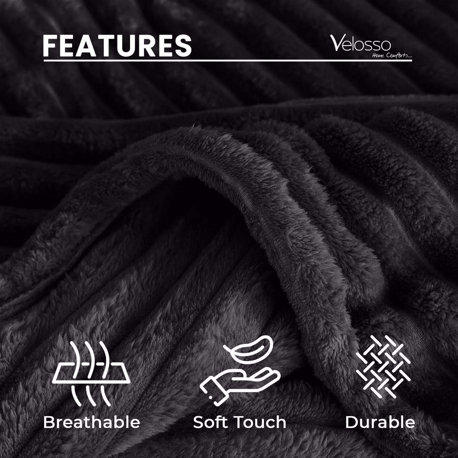 Velosso Super Soft Chunky Cord Blanket Throw in Black, W: 150 cm, L: 200 cm – 3