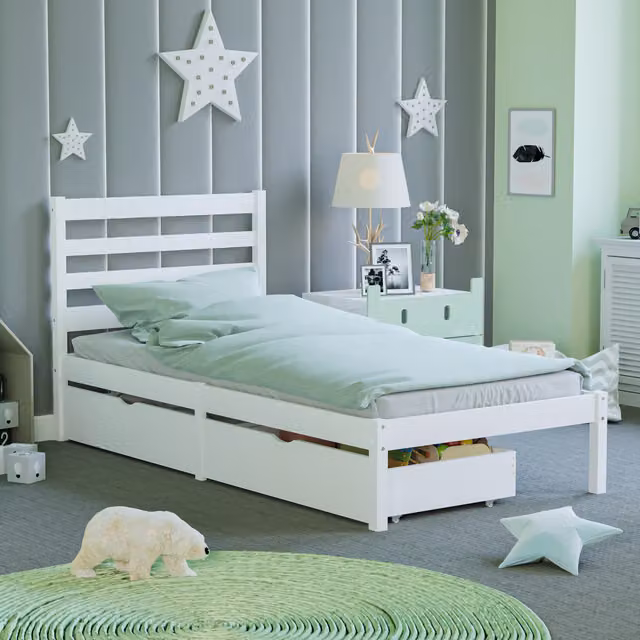 Junior Vida Libra Single Kids Bed Frame with Underbed Drawers, White Solid Pine Wood, H 92.5 x W 96 x D 195.5 cm