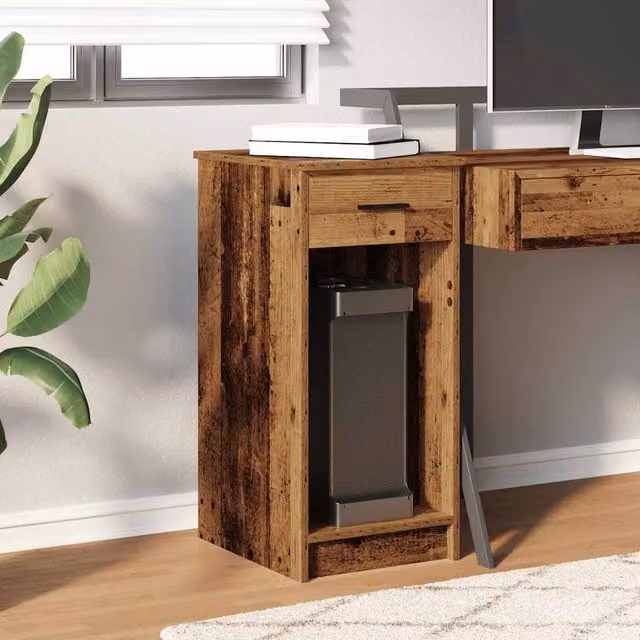 Berkfield Home Durable Computer Tower Stand with Drawer in Brown Old Wood, W/D/H: 35 x 45 x 77 cm