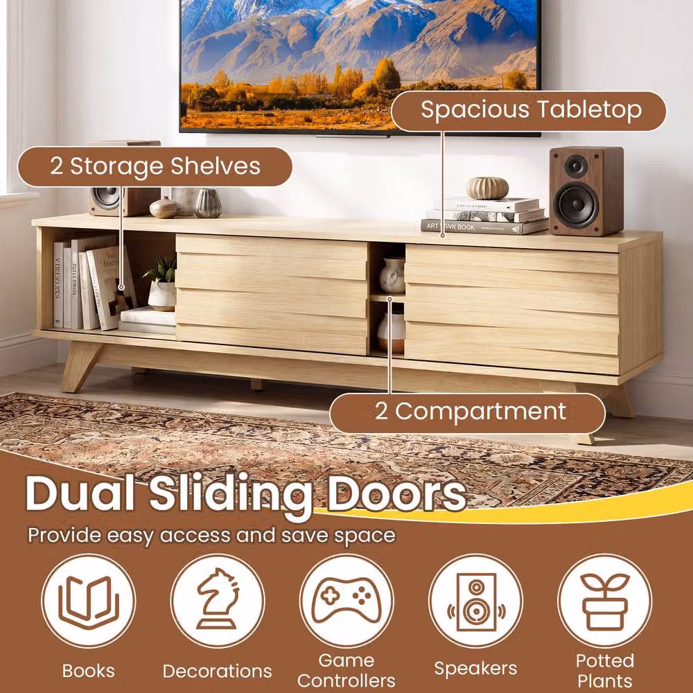 Gymax Mid-Century Wooden TV Stand with 2 Sliding Doors in Beige for TVs up to 55 inch – 5