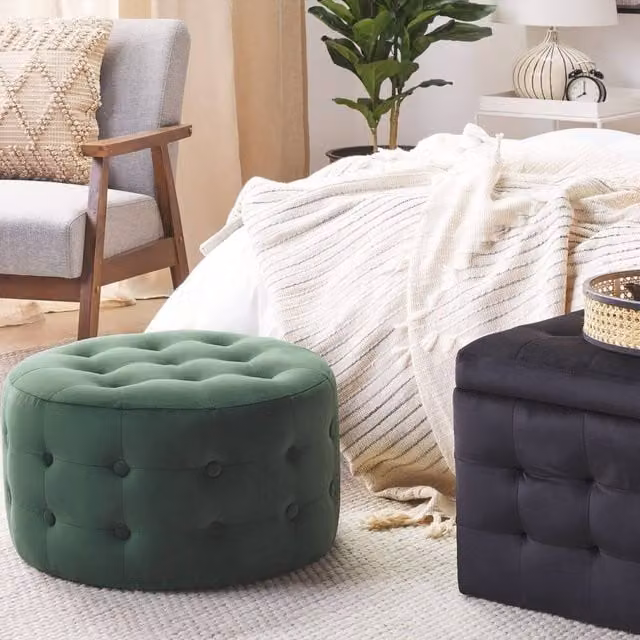 Wyld and Coco Dark Green Velvet Round Cylindrical Pouffe